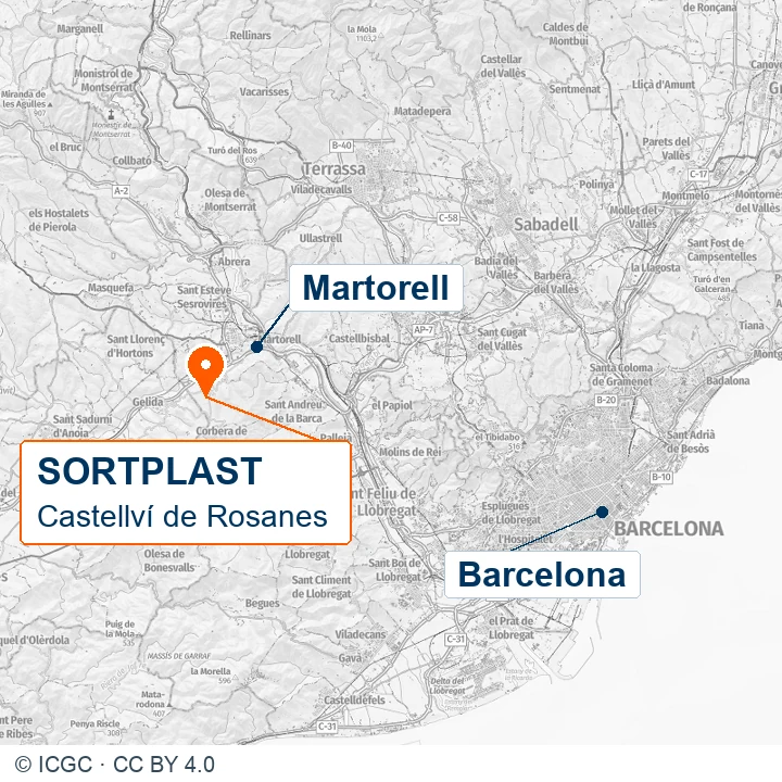 Mapa de ubicación de SORTPLAST en Castellví de Rosanes, cerca de Martorell y Barcelona.